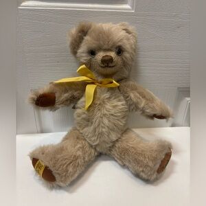 Merrythought Teddy Bear 14” Mohair Plush Jointed England Vintage Yellow Bow.